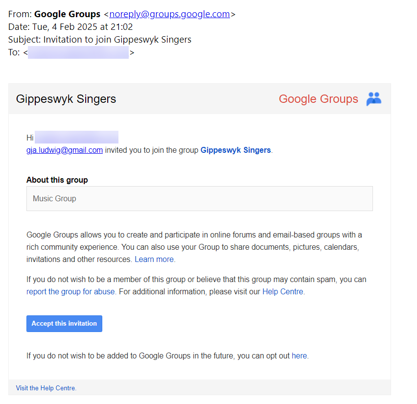 Example of a Google Group Invitation